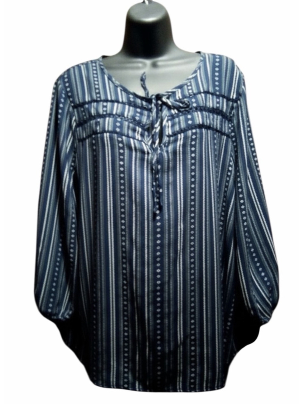 Como Vintage Blue Striped Boho Tie Neck Blouse XL - INV373